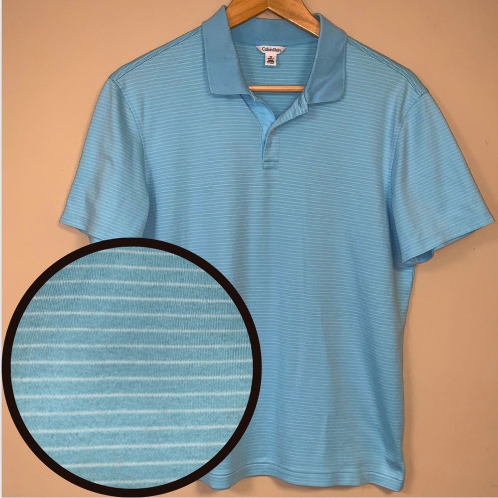Calvin Klein Golf Polo Men's Medium Shirt Blue Pinstripe Top Short Sleeve Casual